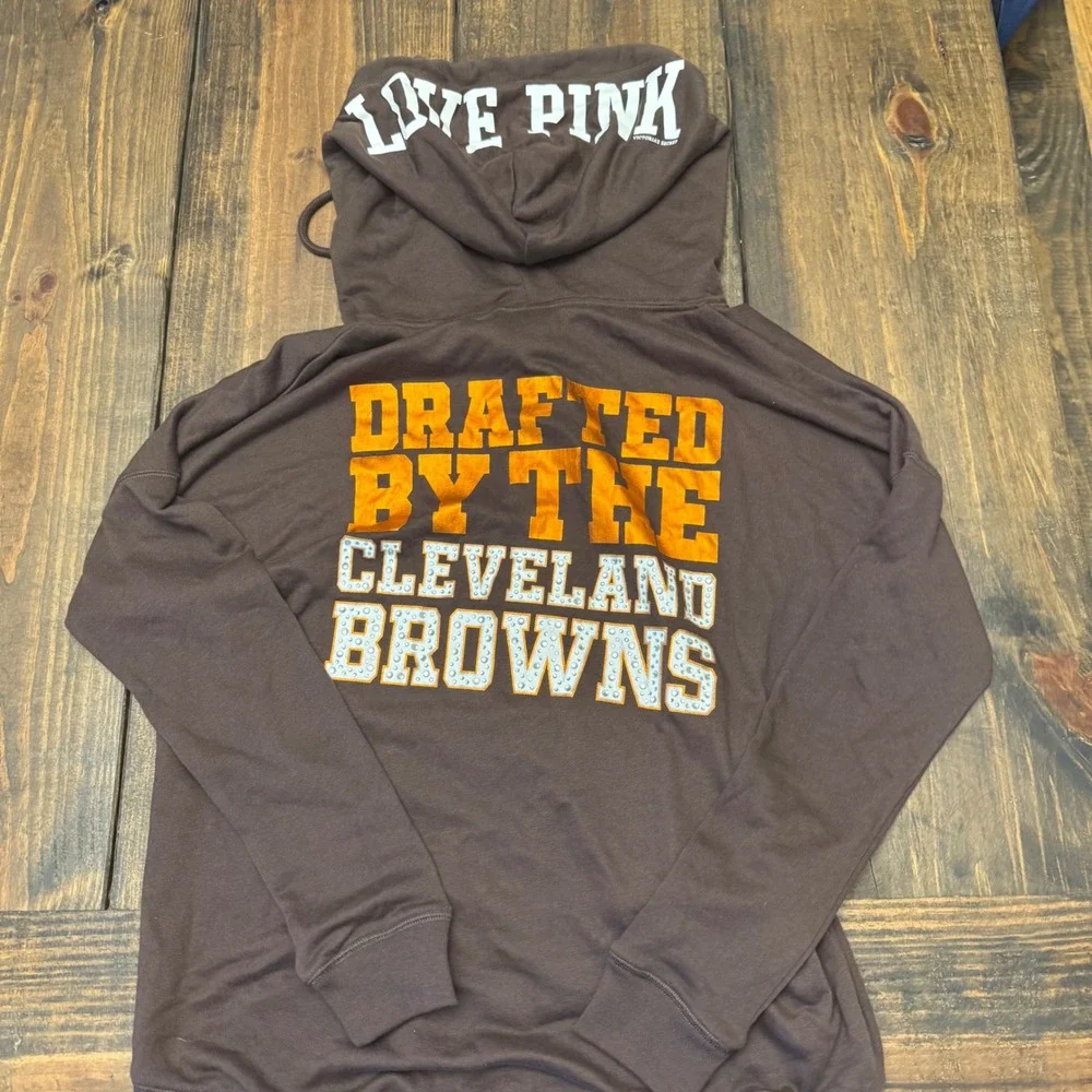 PINK Victoria's Secret NFL Cleveland Browns Zip Hoodie Womens S Brown Football‎ - Picture 10 of 10